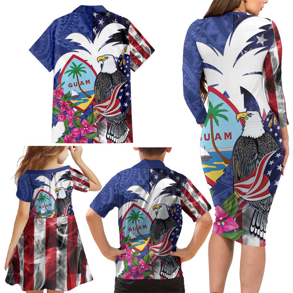 United States Guam Family Matching Long Sleeve Bodycon Dress and Hawaiian Shirt USA Eagle Guahan Seal Bougainvillea - Wonder Print Shop
