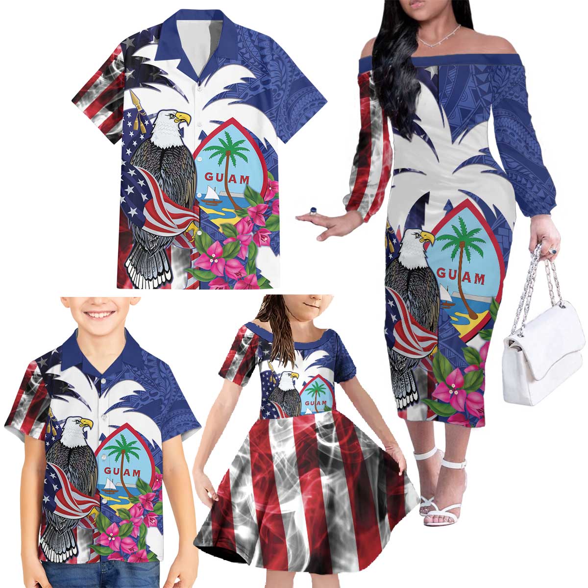 United States Guam Family Matching Off The Shoulder Long Sleeve Dress and Hawaiian Shirt USA Eagle Guahan Seal Bougainvillea - Wonder Print Shop