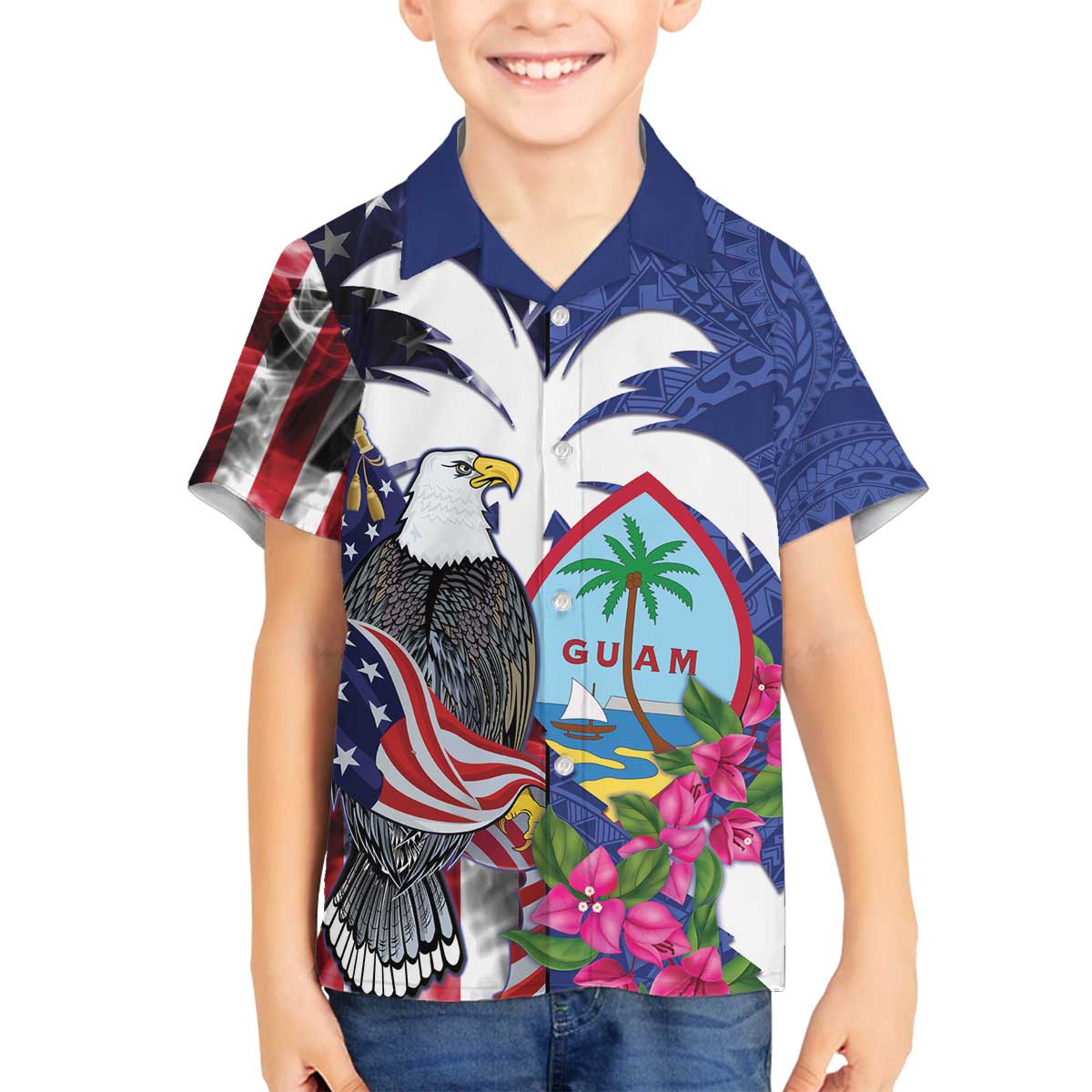 United States Guam Family Matching Off The Shoulder Long Sleeve Dress and Hawaiian Shirt USA Eagle Guahan Seal Bougainvillea - Wonder Print Shop