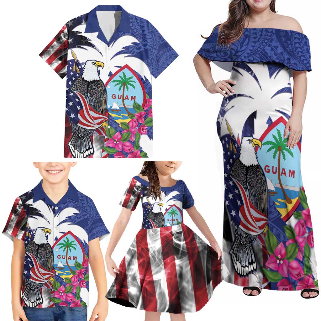 United States Guam Family Matching Off Shoulder Maxi Dress and Hawaiian Shirt USA Eagle Guahan Seal Bougainvillea - Wonder Print Shop