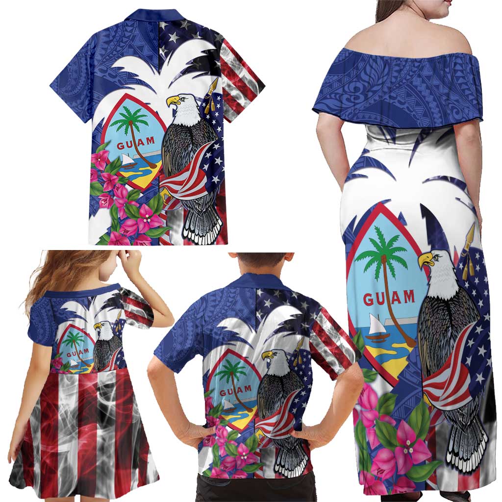 United States Guam Family Matching Off Shoulder Maxi Dress and Hawaiian Shirt USA Eagle Guahan Seal Bougainvillea - Wonder Print Shop