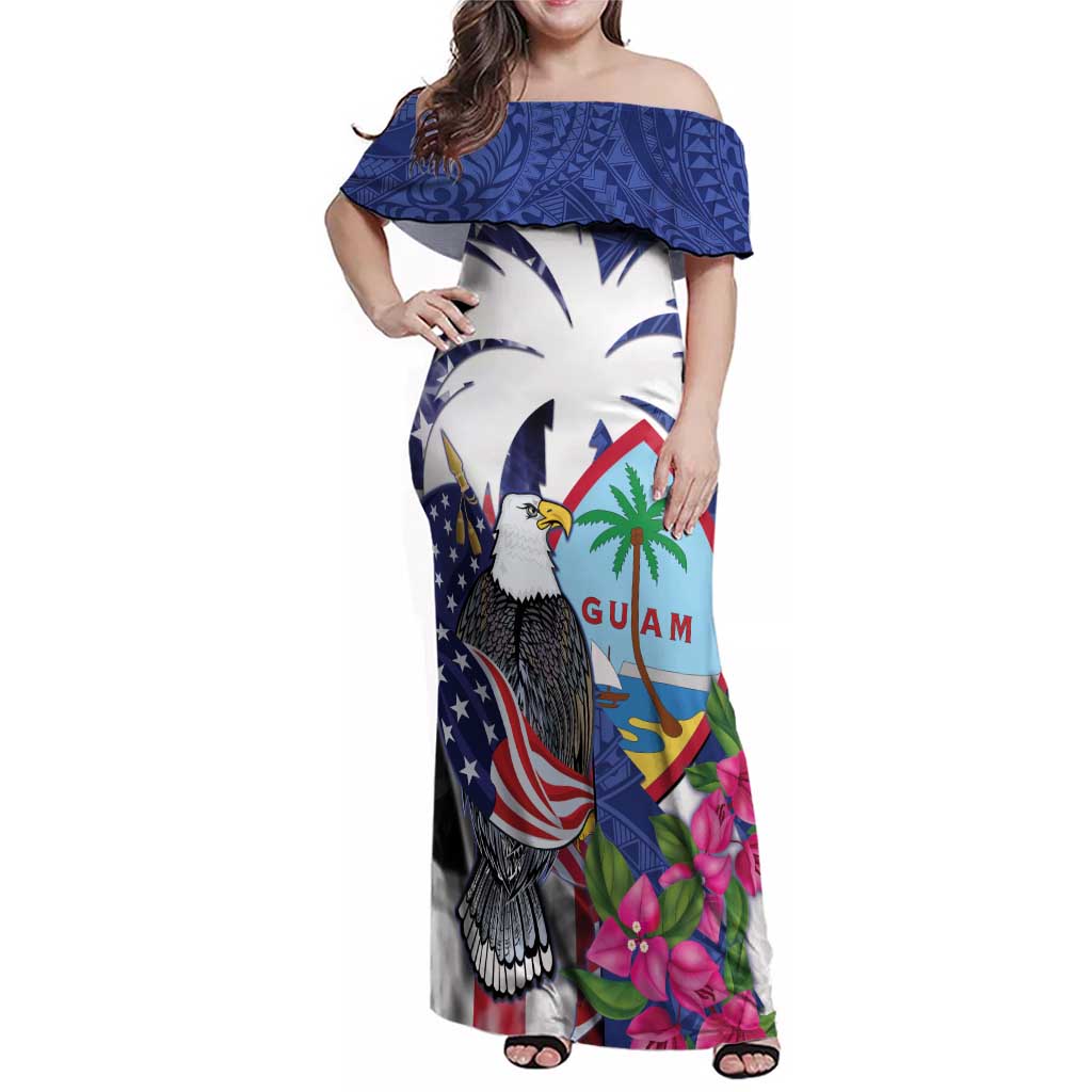 United States Guam Family Matching Off Shoulder Maxi Dress and Hawaiian Shirt USA Eagle Guahan Seal Bougainvillea - Wonder Print Shop