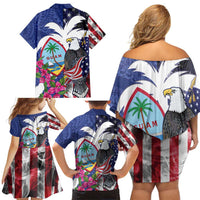 United States Guam Family Matching Off Shoulder Short Dress and Hawaiian Shirt USA Eagle Guahan Seal Bougainvillea - Wonder Print Shop