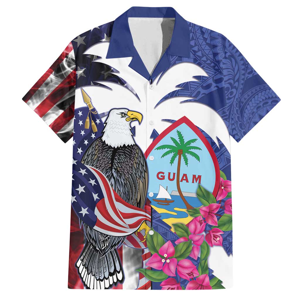 United States Guam Family Matching Off Shoulder Short Dress and Hawaiian Shirt USA Eagle Guahan Seal Bougainvillea - Wonder Print Shop