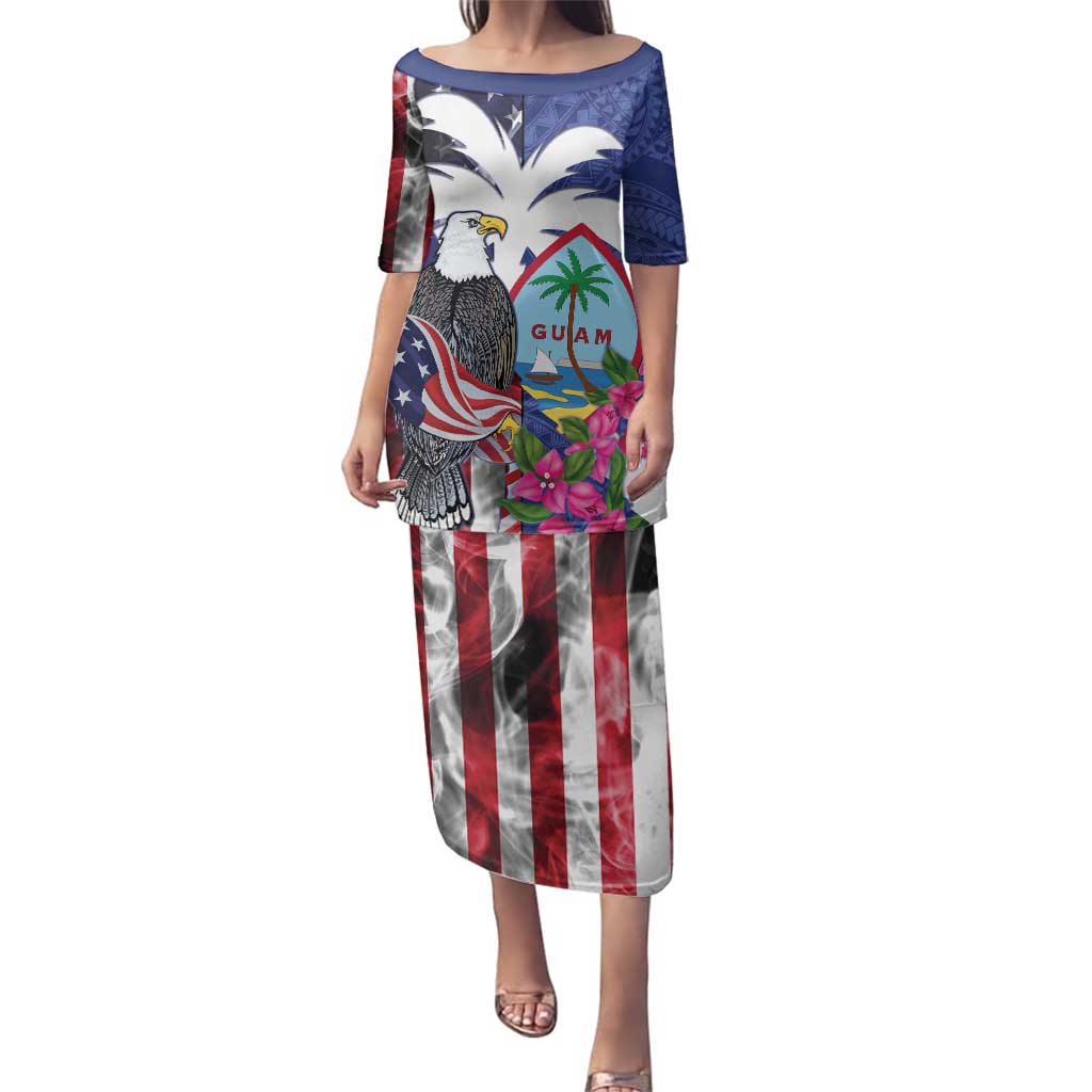 United States Guam Family Matching Puletasi and Hawaiian Shirt USA Eagle Guahan Seal Bougainvillea - Wonder Print Shop