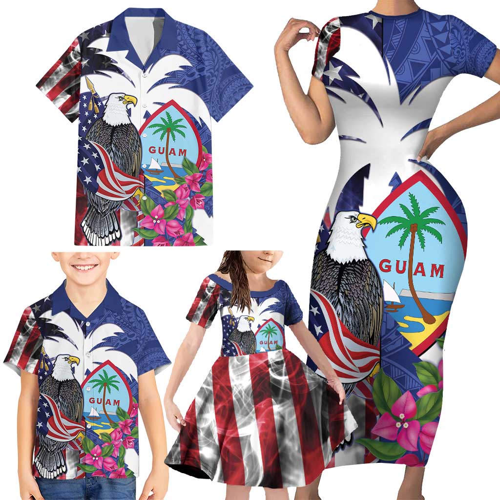 United States Guam Family Matching Short Sleeve Bodycon Dress and Hawaiian Shirt USA Eagle Guahan Seal Bougainvillea - Wonder Print Shop