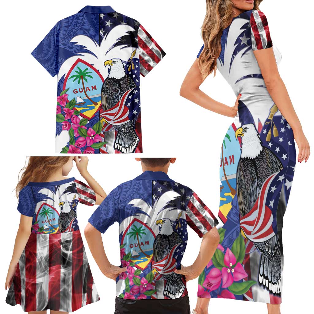 United States Guam Family Matching Short Sleeve Bodycon Dress and Hawaiian Shirt USA Eagle Guahan Seal Bougainvillea - Wonder Print Shop