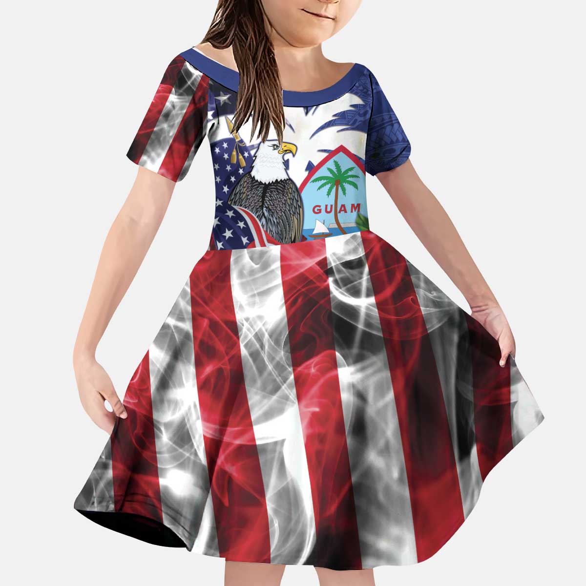 United States Guam Kid Short Sleeve Dress USA Eagle Guahan Seal Bougainvillea - Wonder Print Shop