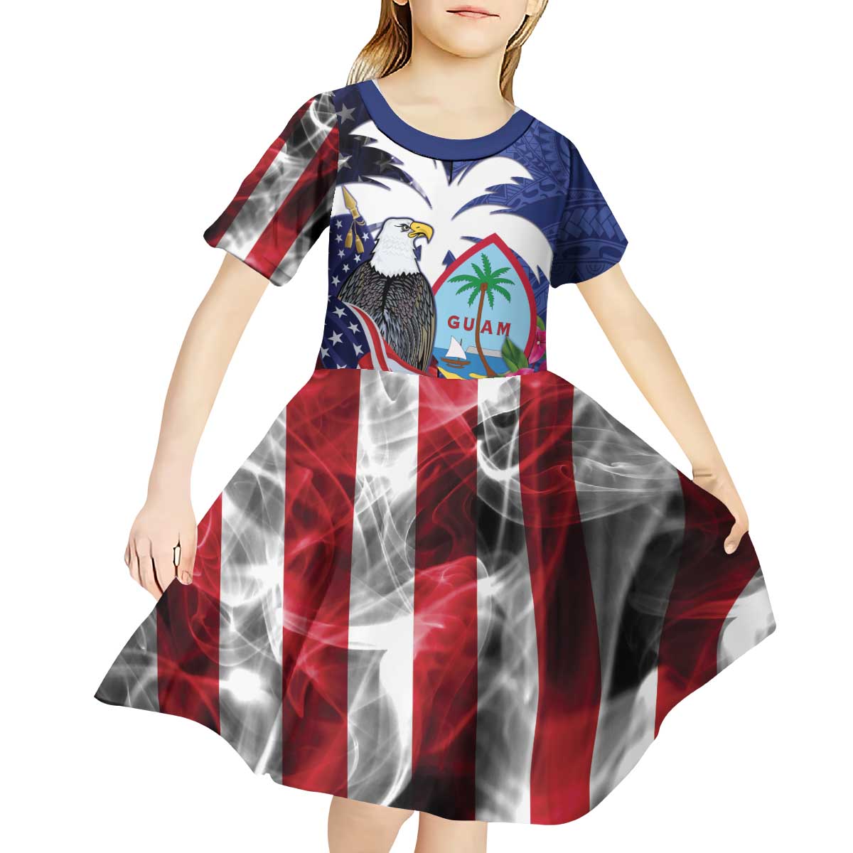 United States Guam Kid Short Sleeve Dress USA Eagle Guahan Seal Bougainvillea - Wonder Print Shop