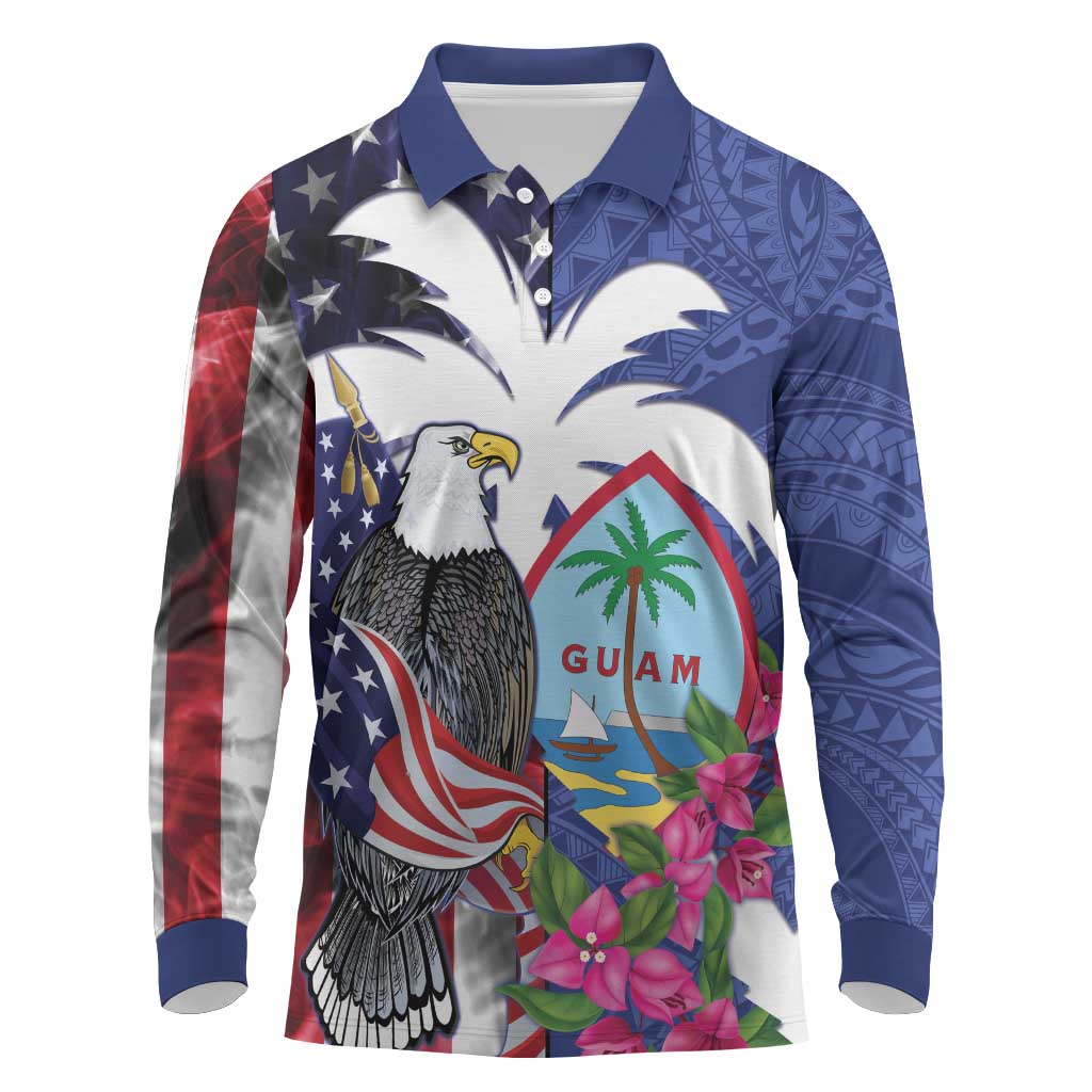 United States Guam Long Sleeve Polo Shirt USA Eagle Guahan Seal Bougainvillea - Wonder Print Shop