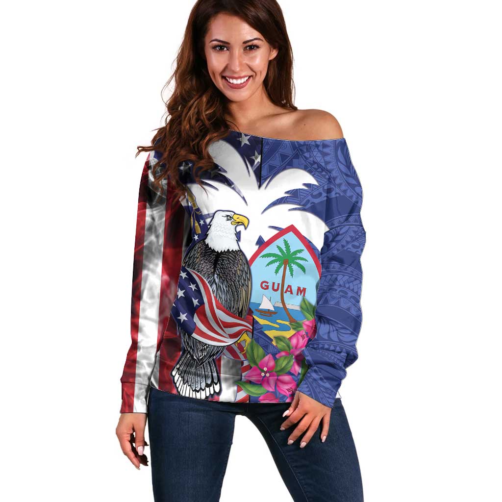 United States Guam Off Shoulder Sweater USA Eagle Guahan Seal Bougainvillea - Wonder Print Shop