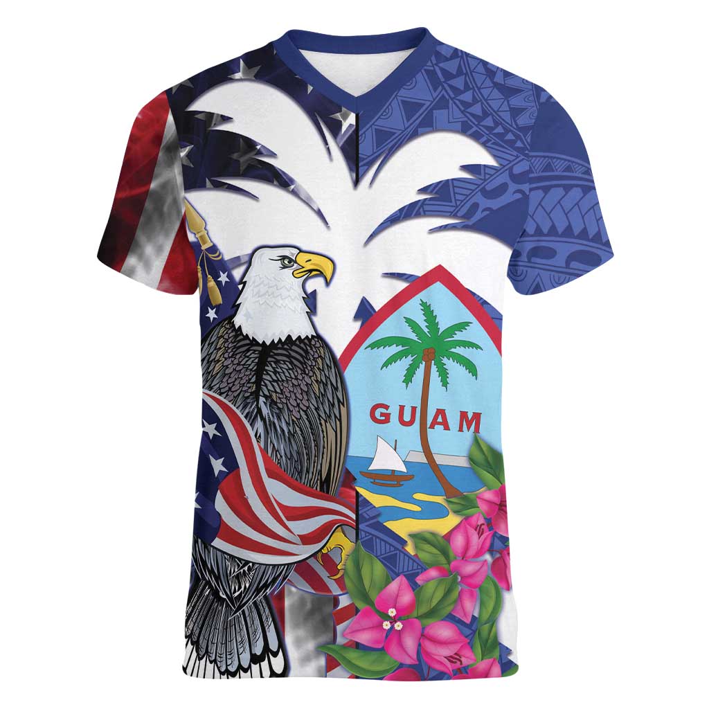 United States Guam Women V-Neck T-Shirt USA Eagle Guahan Seal Bougainvillea - Wonder Print Shop