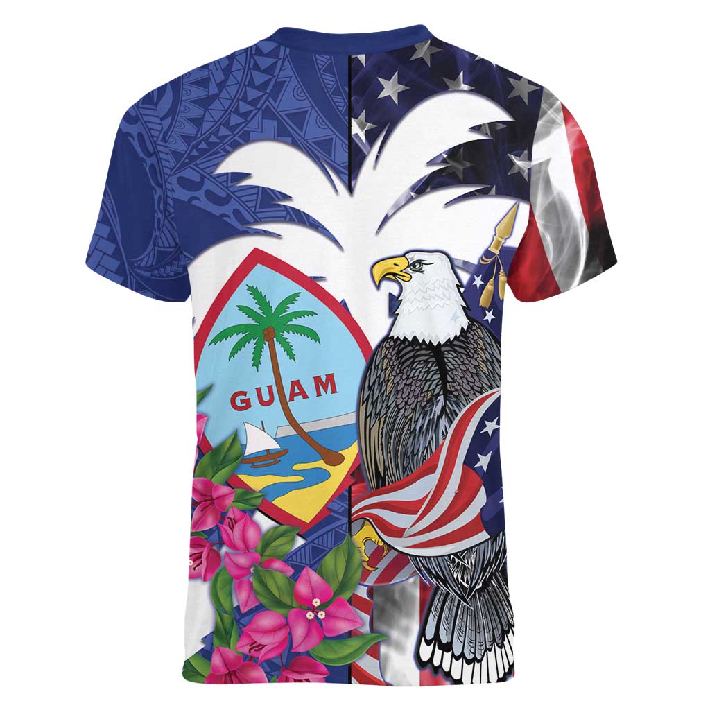 United States Guam Women V-Neck T-Shirt USA Eagle Guahan Seal Bougainvillea - Wonder Print Shop