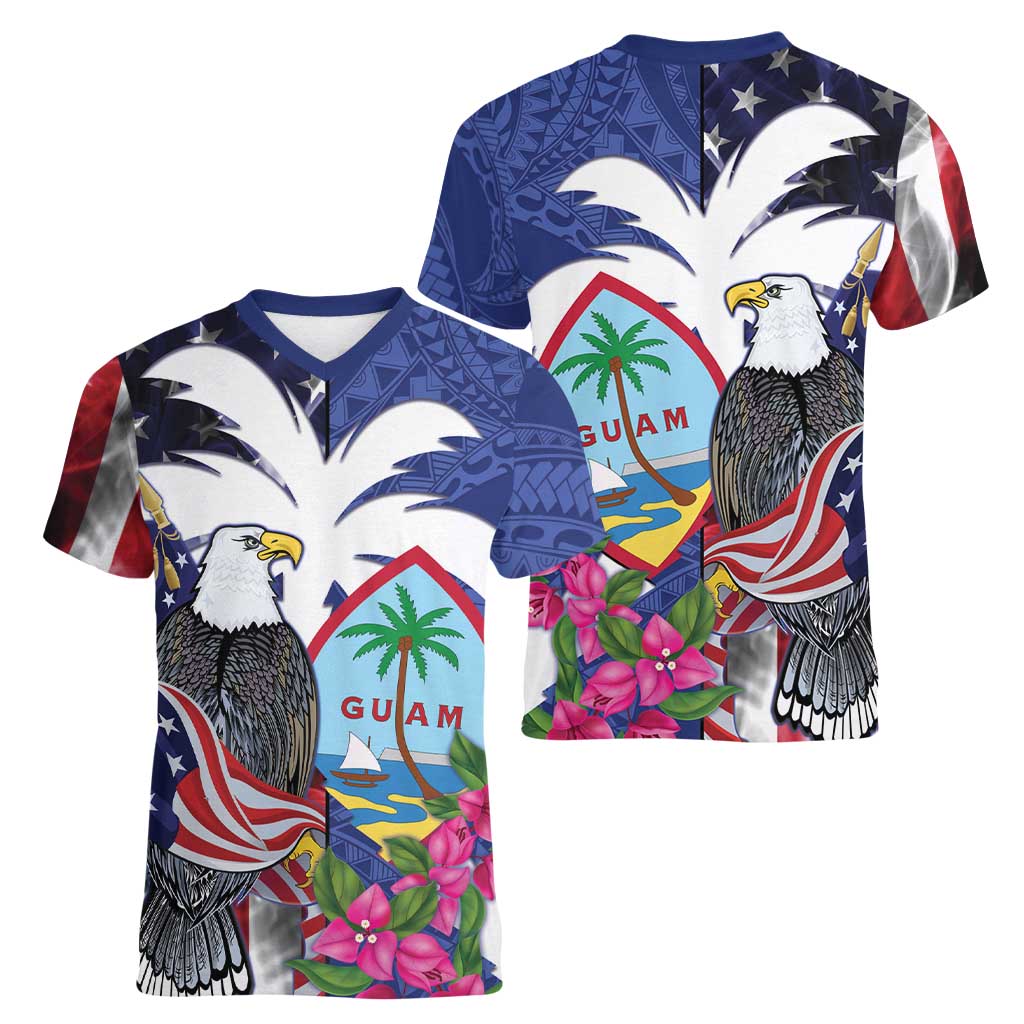 United States Guam Women V-Neck T-Shirt USA Eagle Guahan Seal Bougainvillea - Wonder Print Shop
