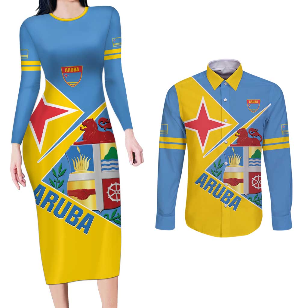 Custom Aruba Football Couples Matching Long Sleeve Bodycon Dress and Long Sleeve Button Shirt 2025 Coat Of Arms Style