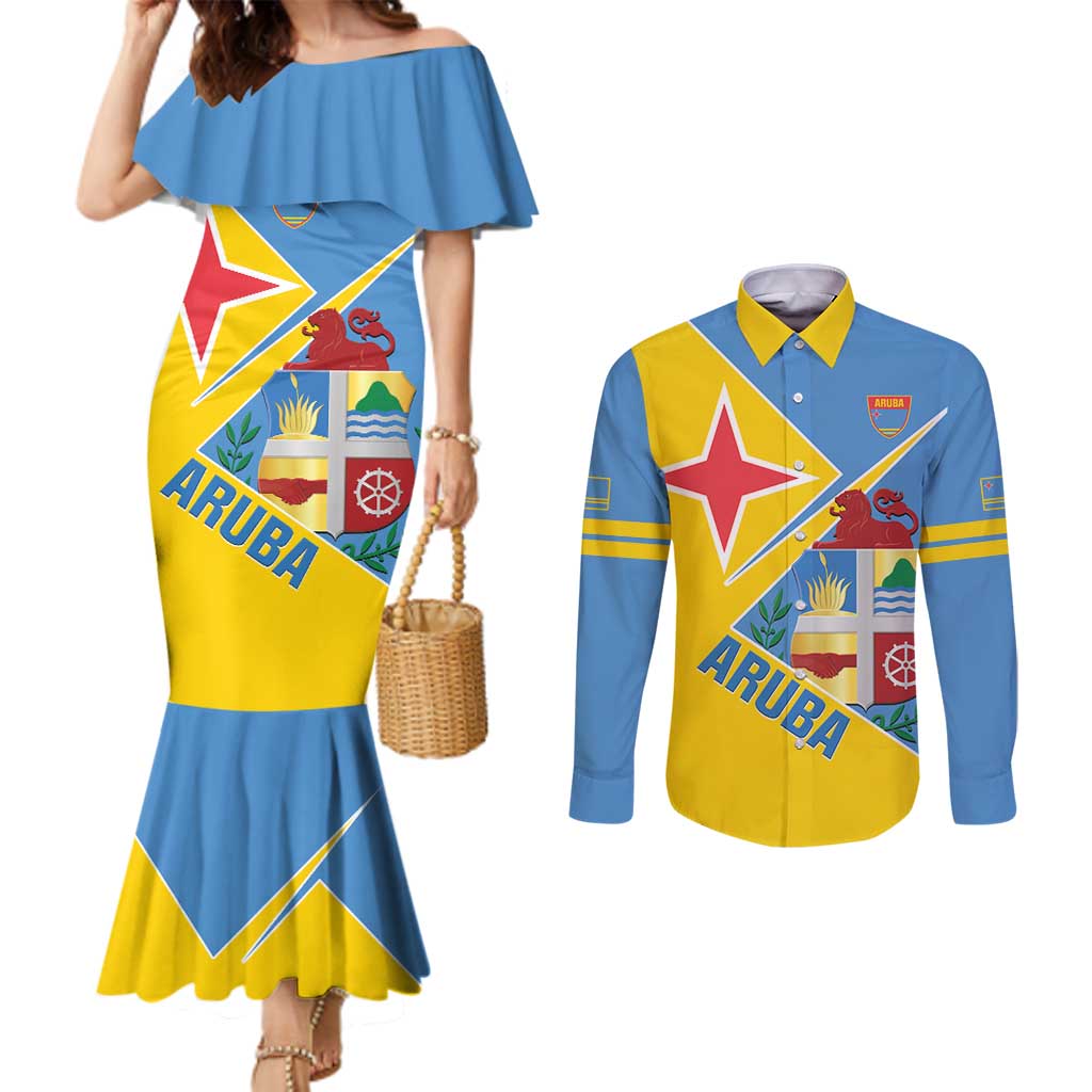 Custom Aruba Football Couples Matching Mermaid Dress and Long Sleeve Button Shirt 2025 Coat Of Arms Style