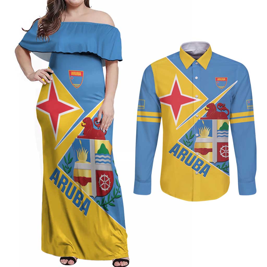 Custom Aruba Football Couples Matching Off Shoulder Maxi Dress and Long Sleeve Button Shirt 2025 Coat Of Arms Style