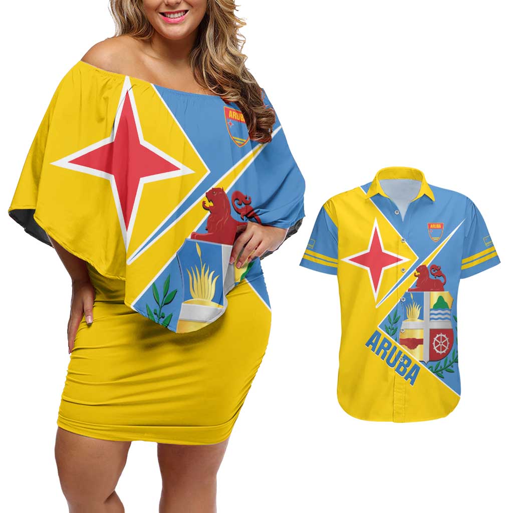 Custom Aruba Football Couples Matching Off Shoulder Short Dress and Hawaiian Shirt 2025 Coat Of Arms Style
