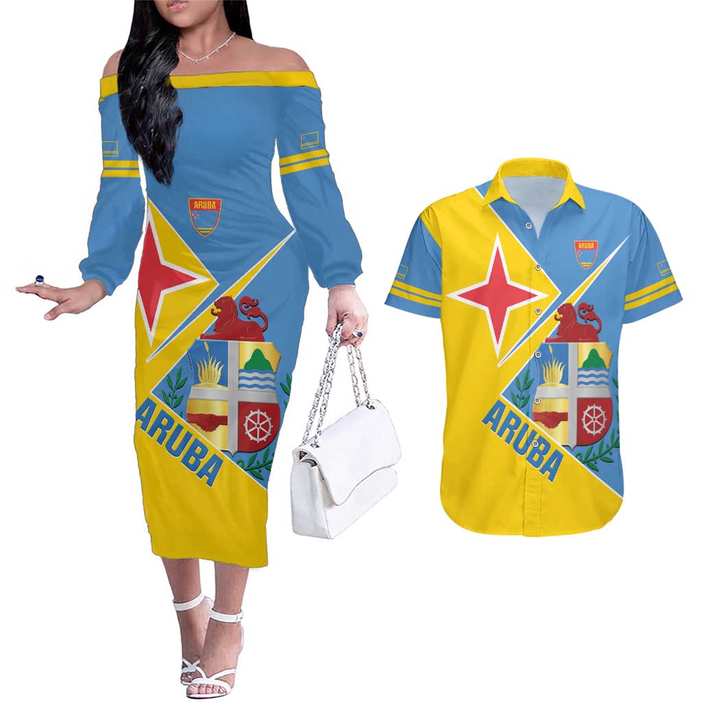 Custom Aruba Football Couples Matching Off The Shoulder Long Sleeve Dress and Hawaiian Shirt 2025 Coat Of Arms Style