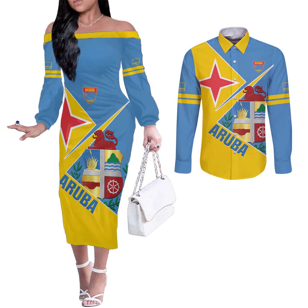Custom Aruba Football Couples Matching Off The Shoulder Long Sleeve Dress and Long Sleeve Button Shirt 2025 Coat Of Arms Style