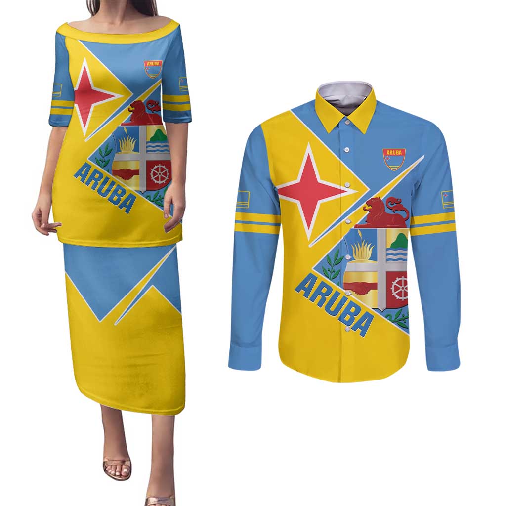 Custom Aruba Football Couples Matching Puletasi and Long Sleeve Button Shirt 2025 Coat Of Arms Style
