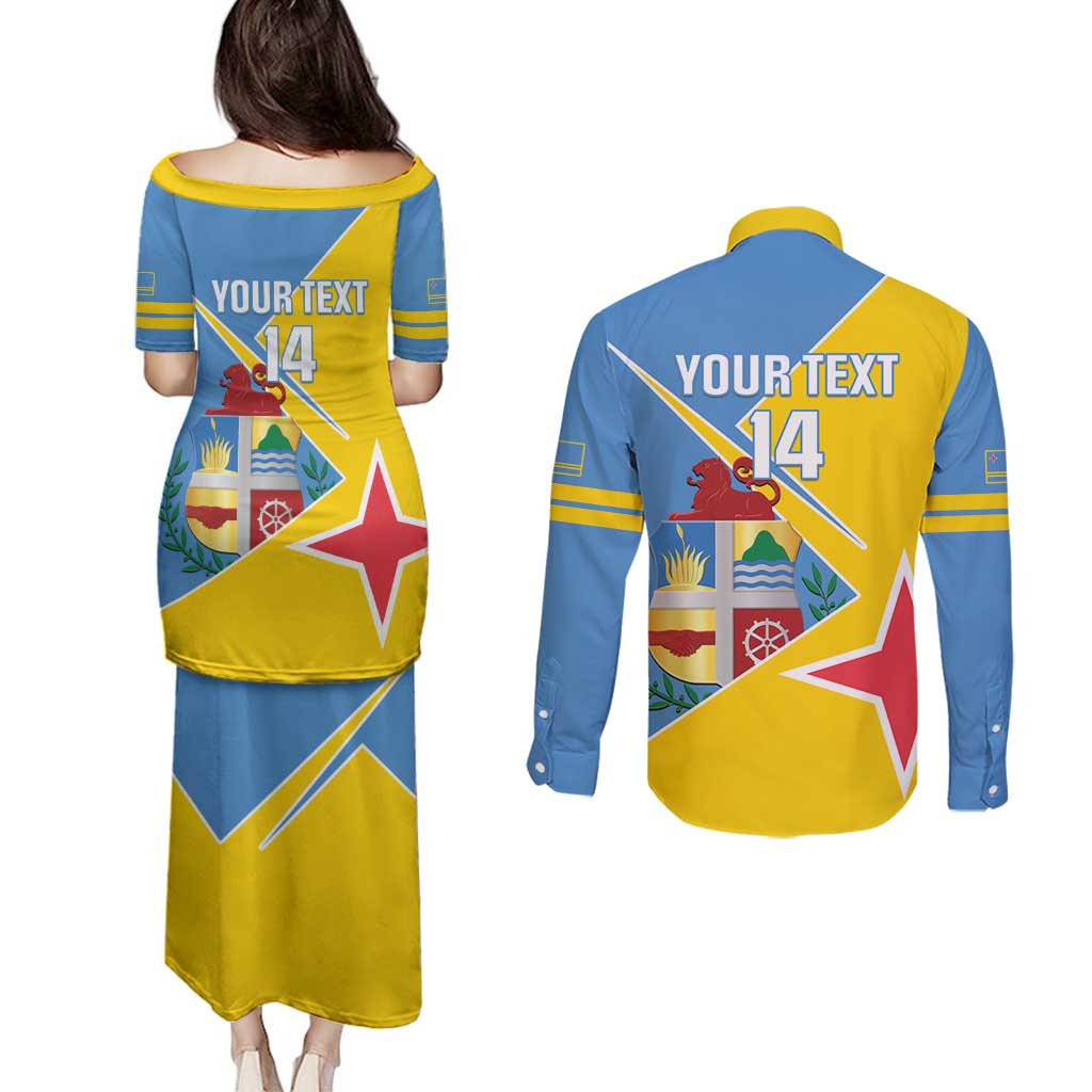 Custom Aruba Football Couples Matching Puletasi and Long Sleeve Button Shirt 2025 Coat Of Arms Style