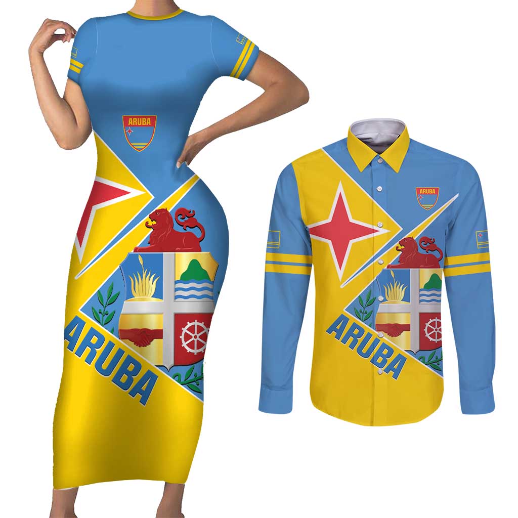 Custom Aruba Football Couples Matching Short Sleeve Bodycon Dress and Long Sleeve Button Shirt 2025 Coat Of Arms Style