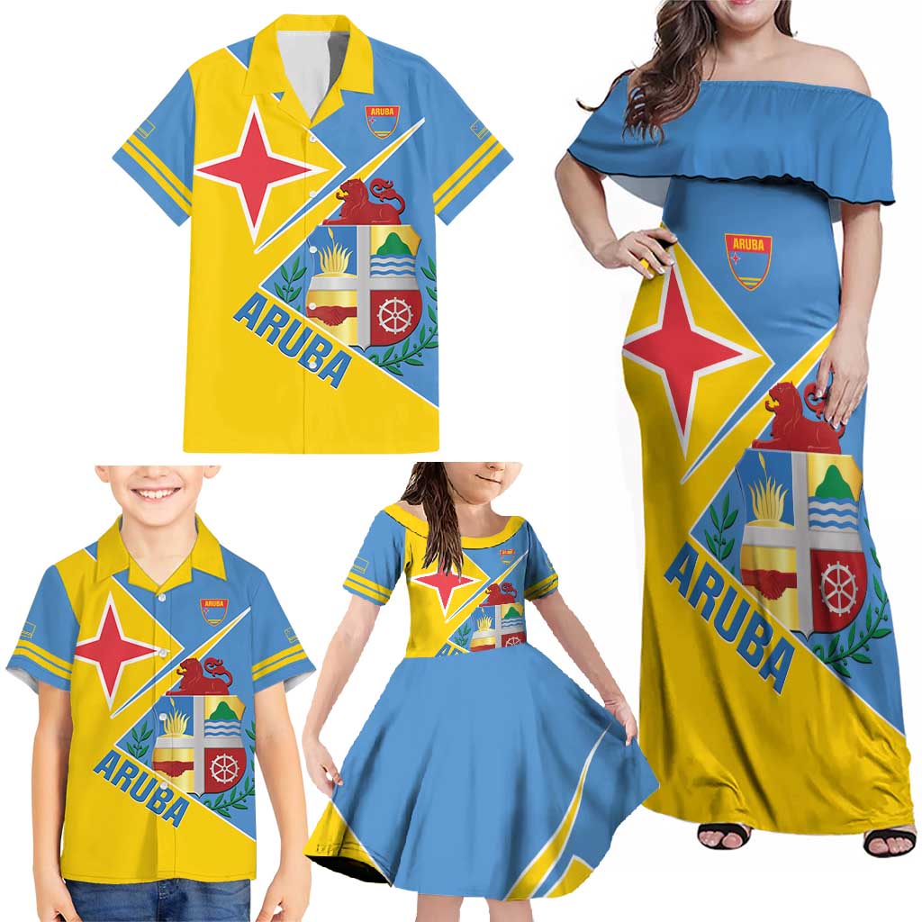 Custom Aruba Football Family Matching Off Shoulder Maxi Dress and Hawaiian Shirt 2025 Coat Of Arms Style