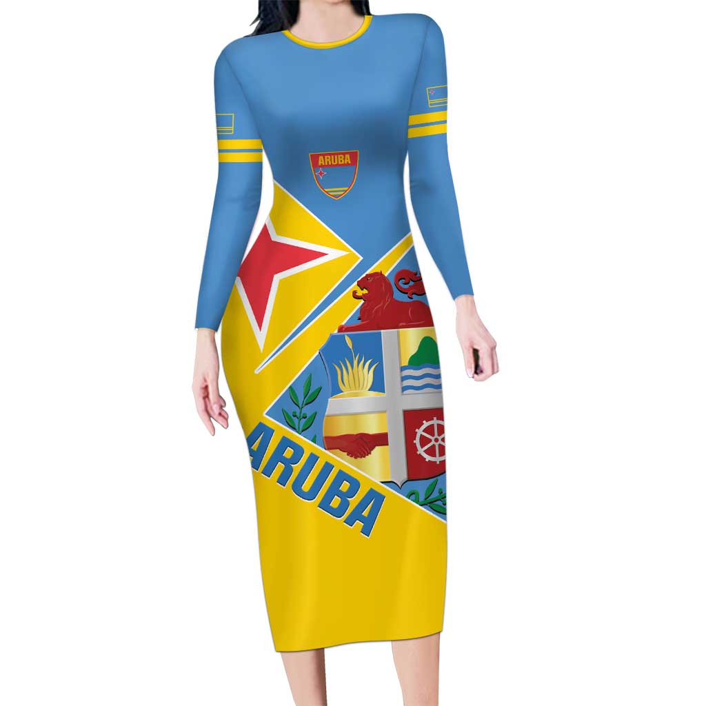 Custom Aruba Football Long Sleeve Bodycon Dress 2025 Coat Of Arms Style