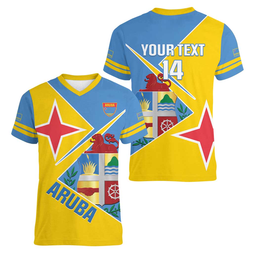Custom Aruba Football Women V-Neck T-Shirt 2025 Coat Of Arms Style