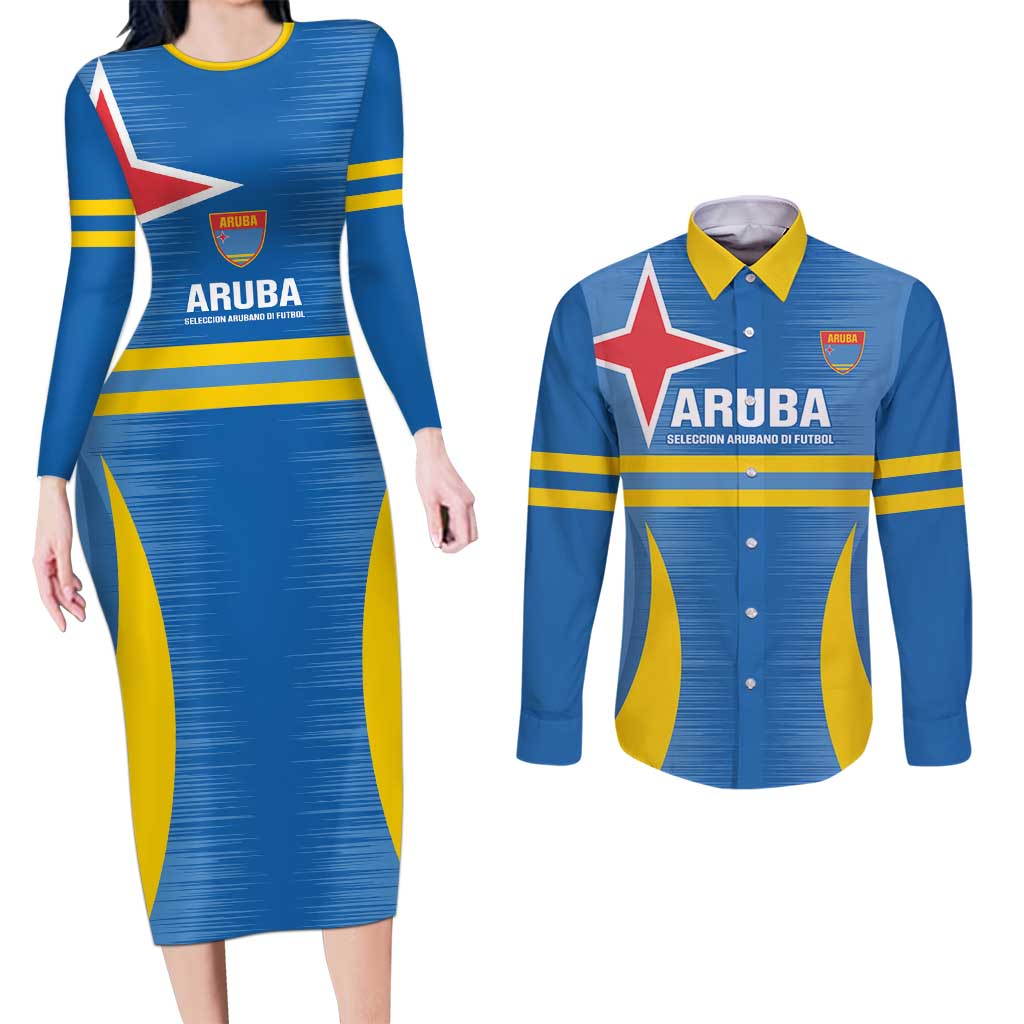 Custom Aruba Football Couples Matching Long Sleeve Bodycon Dress and Long Sleeve Button Shirt 2025 Go Champions Flag Color