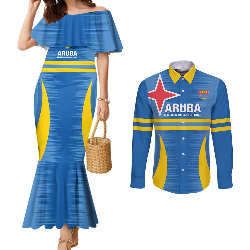 Custom Aruba Football Couples Matching Mermaid Dress and Long Sleeve Button Shirt 2025 Go Champions Flag Color