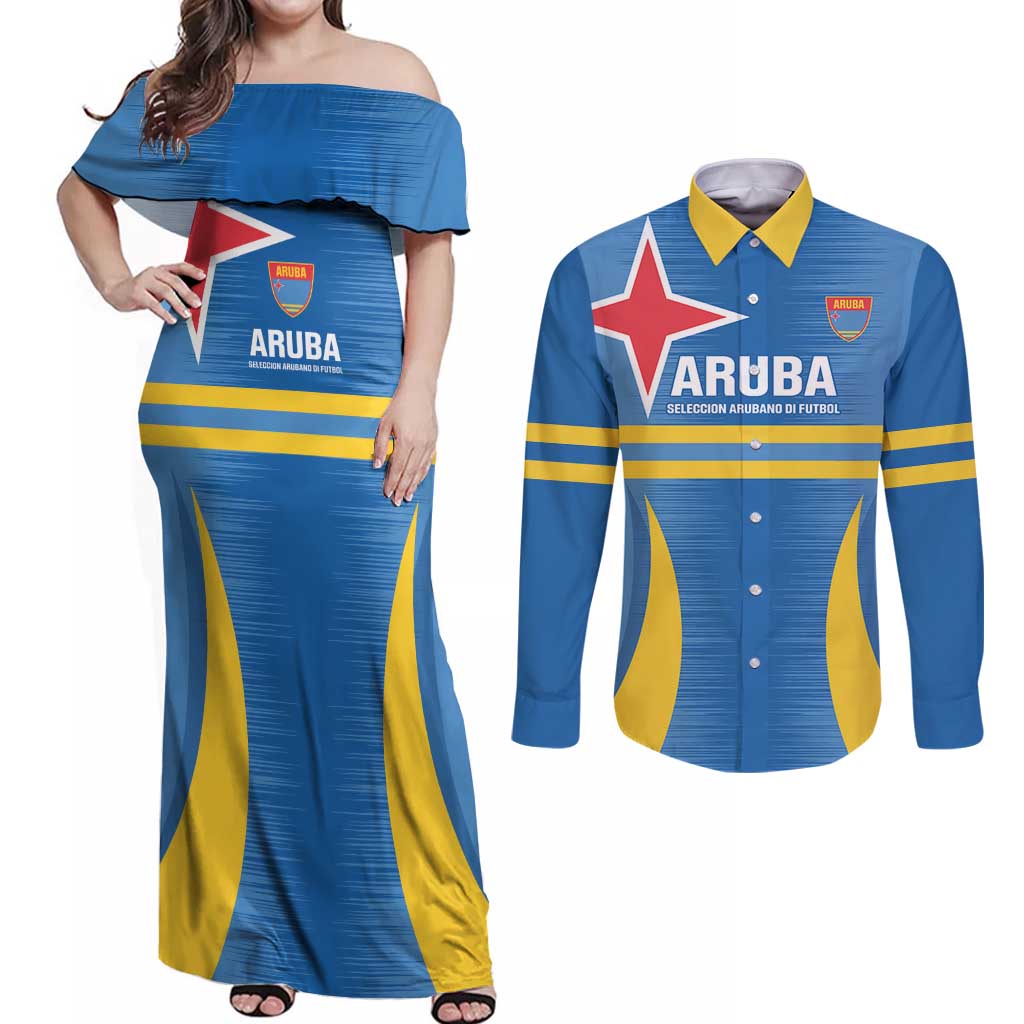 Custom Aruba Football Couples Matching Off Shoulder Maxi Dress and Long Sleeve Button Shirt 2025 Go Champions Flag Color