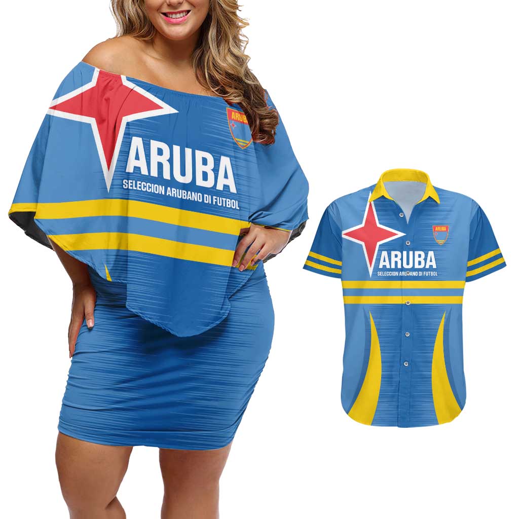 Custom Aruba Football Couples Matching Off Shoulder Short Dress and Hawaiian Shirt 2025 Go Champions Flag Color