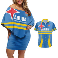 Custom Aruba Football Couples Matching Off Shoulder Short Dress and Hawaiian Shirt 2025 Go Champions Flag Color
