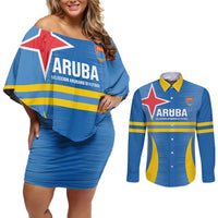Custom Aruba Football Couples Matching Off Shoulder Short Dress and Long Sleeve Button Shirt 2025 Go Champions Flag Color