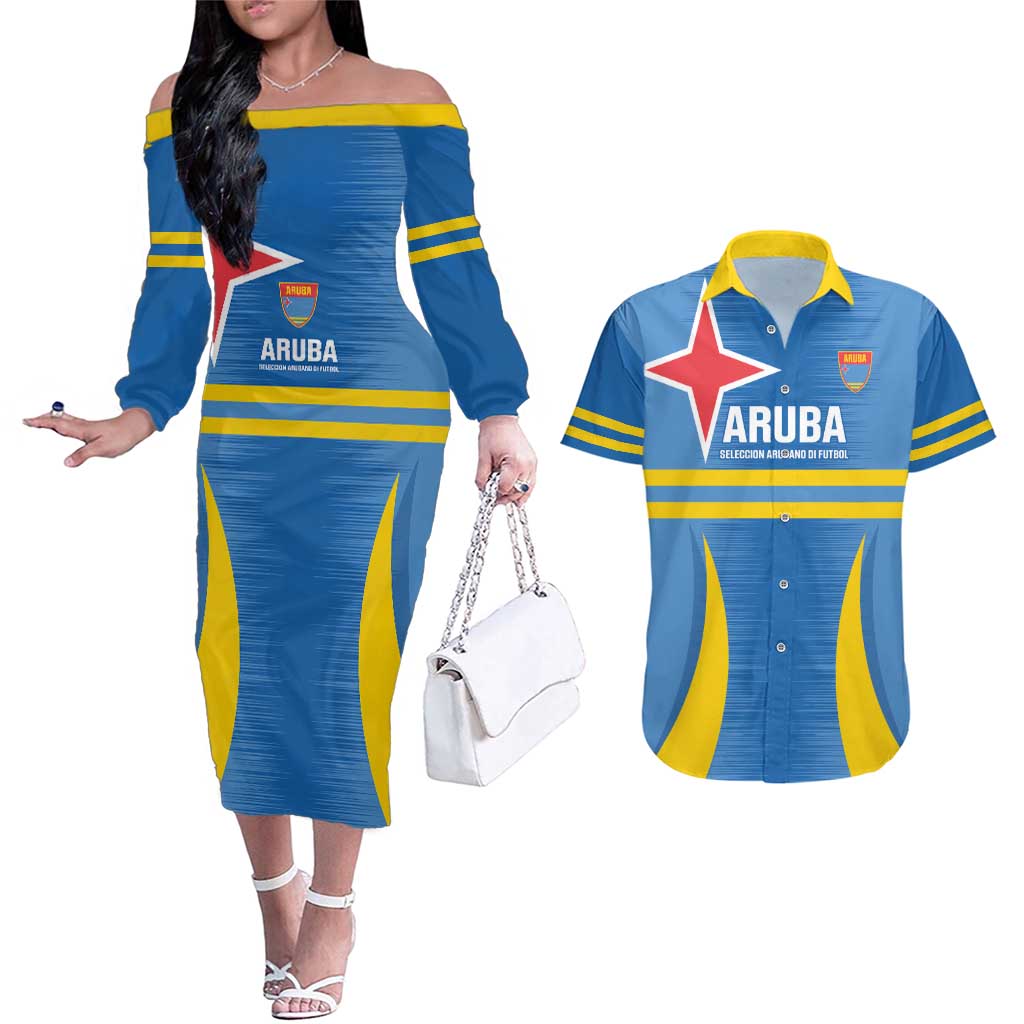Custom Aruba Football Couples Matching Off The Shoulder Long Sleeve Dress and Hawaiian Shirt 2025 Go Champions Flag Color