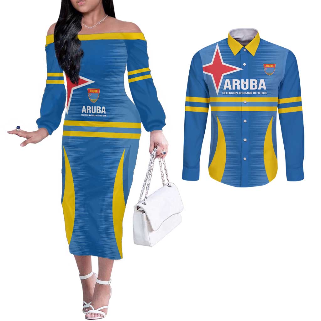 Custom Aruba Football Couples Matching Off The Shoulder Long Sleeve Dress and Long Sleeve Button Shirt 2025 Go Champions Flag Color