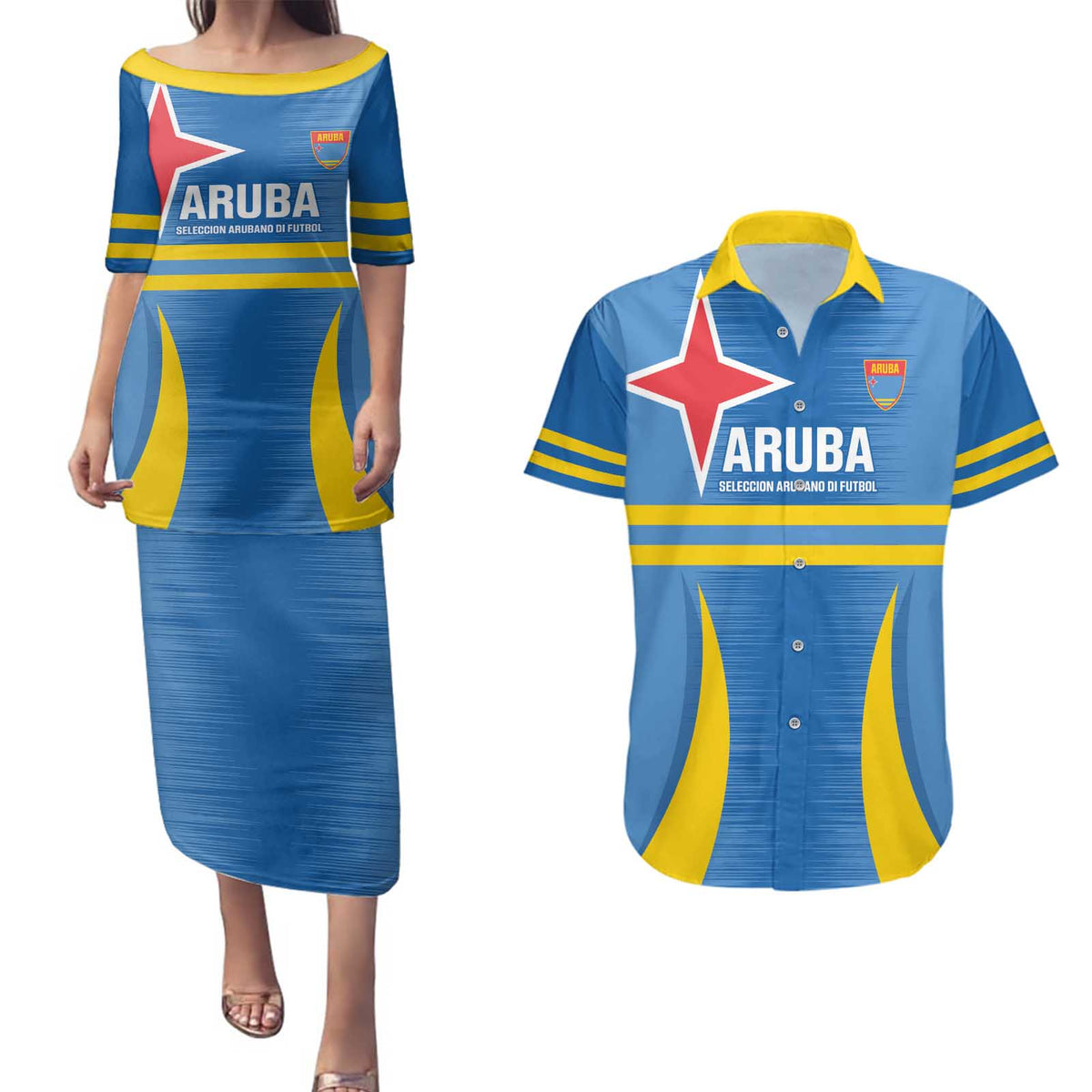Custom Aruba Football Couples Matching Puletasi and Hawaiian Shirt 2025 Go Champions Flag Color