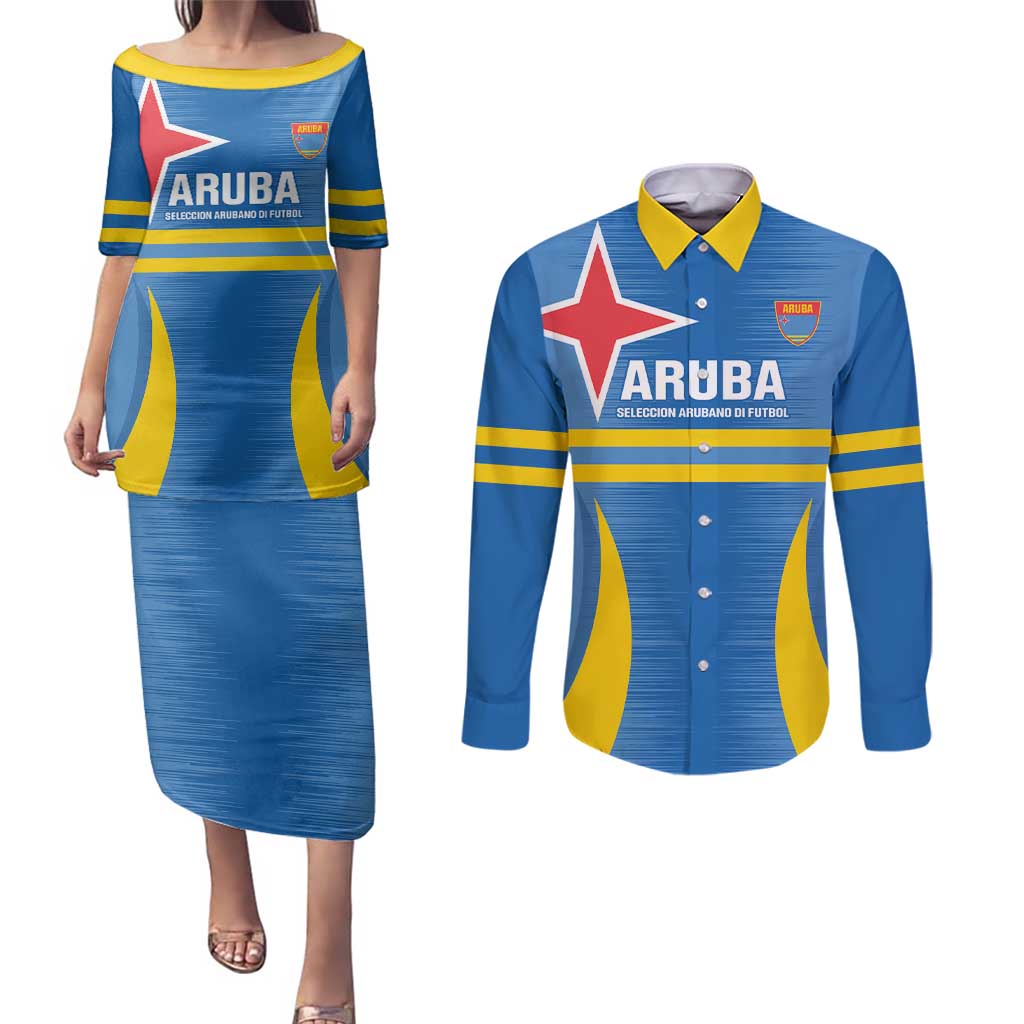 Custom Aruba Football Couples Matching Puletasi and Long Sleeve Button Shirt 2025 Go Champions Flag Color