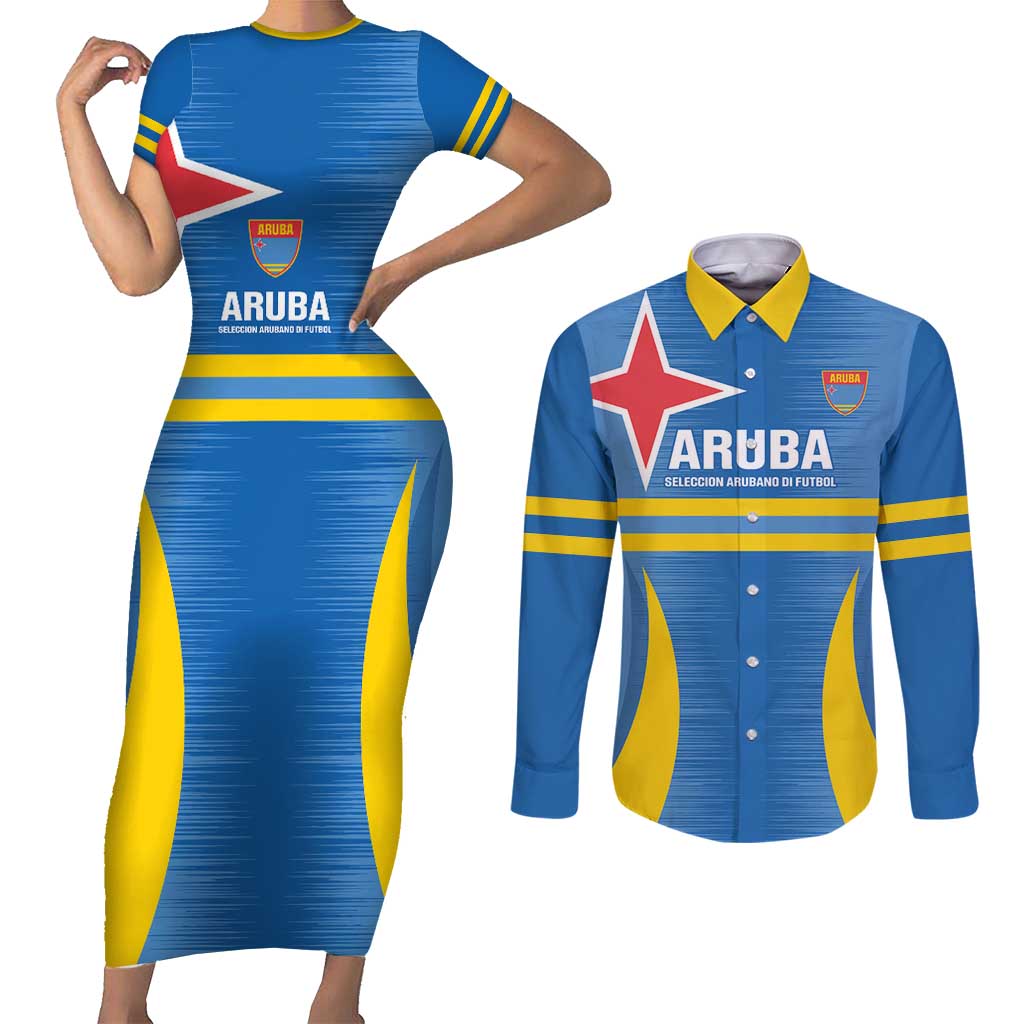 Custom Aruba Football Couples Matching Short Sleeve Bodycon Dress and Long Sleeve Button Shirt 2025 Go Champions Flag Color