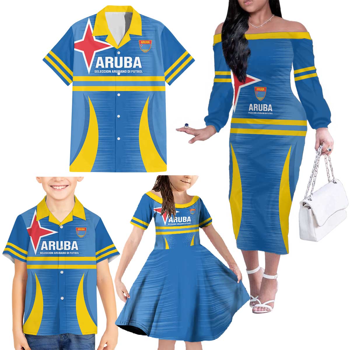 Custom Aruba Football Family Matching Off The Shoulder Long Sleeve Dress and Hawaiian Shirt 2025 Go Champions Flag Color