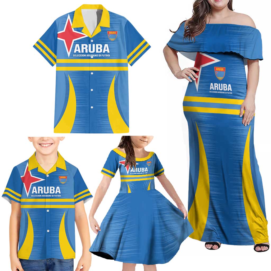 Custom Aruba Football Family Matching Off Shoulder Maxi Dress and Hawaiian Shirt 2025 Go Champions Flag Color