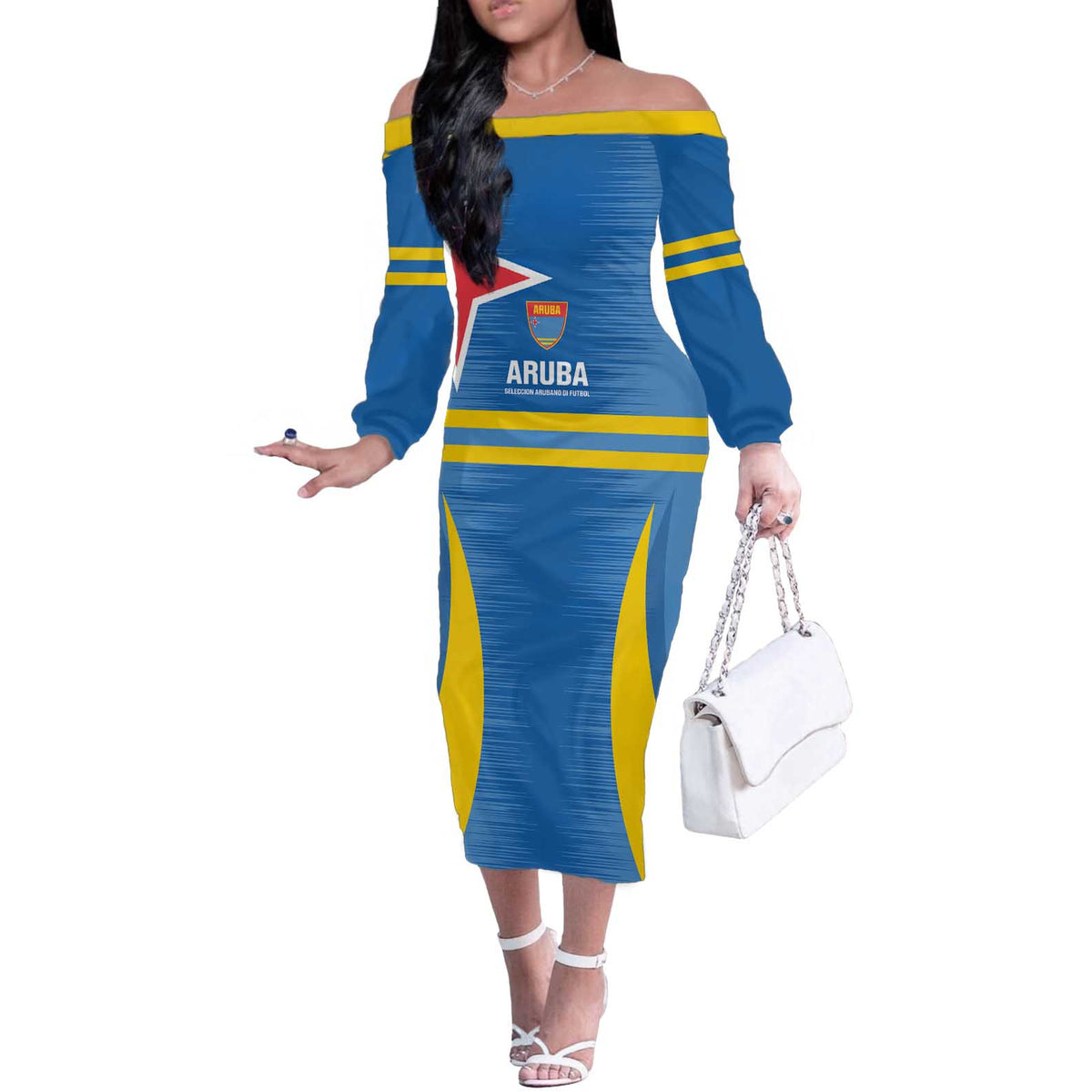 Custom Aruba Football Off The Shoulder Long Sleeve Dress 2025 Go Champions Flag Color