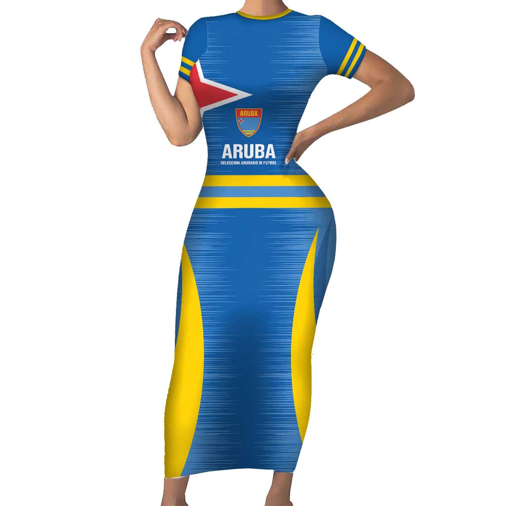 Custom Aruba Football Short Sleeve Bodycon Dress 2025 Go Champions Flag Color