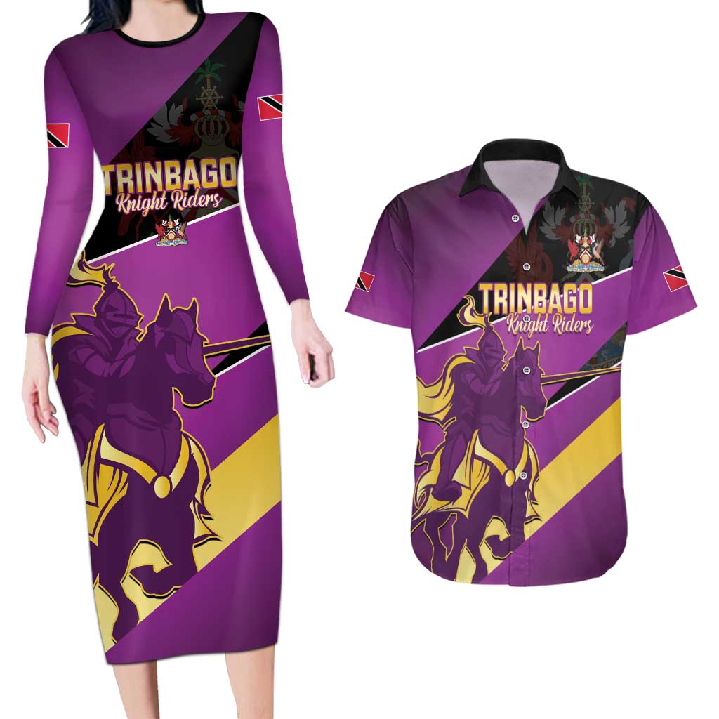 Custom Trinidad and Tobago Cricket Couples Matching Long Sleeve Bodycon Dress and Hawaiian Shirt Come On Knight Riders Purple Version