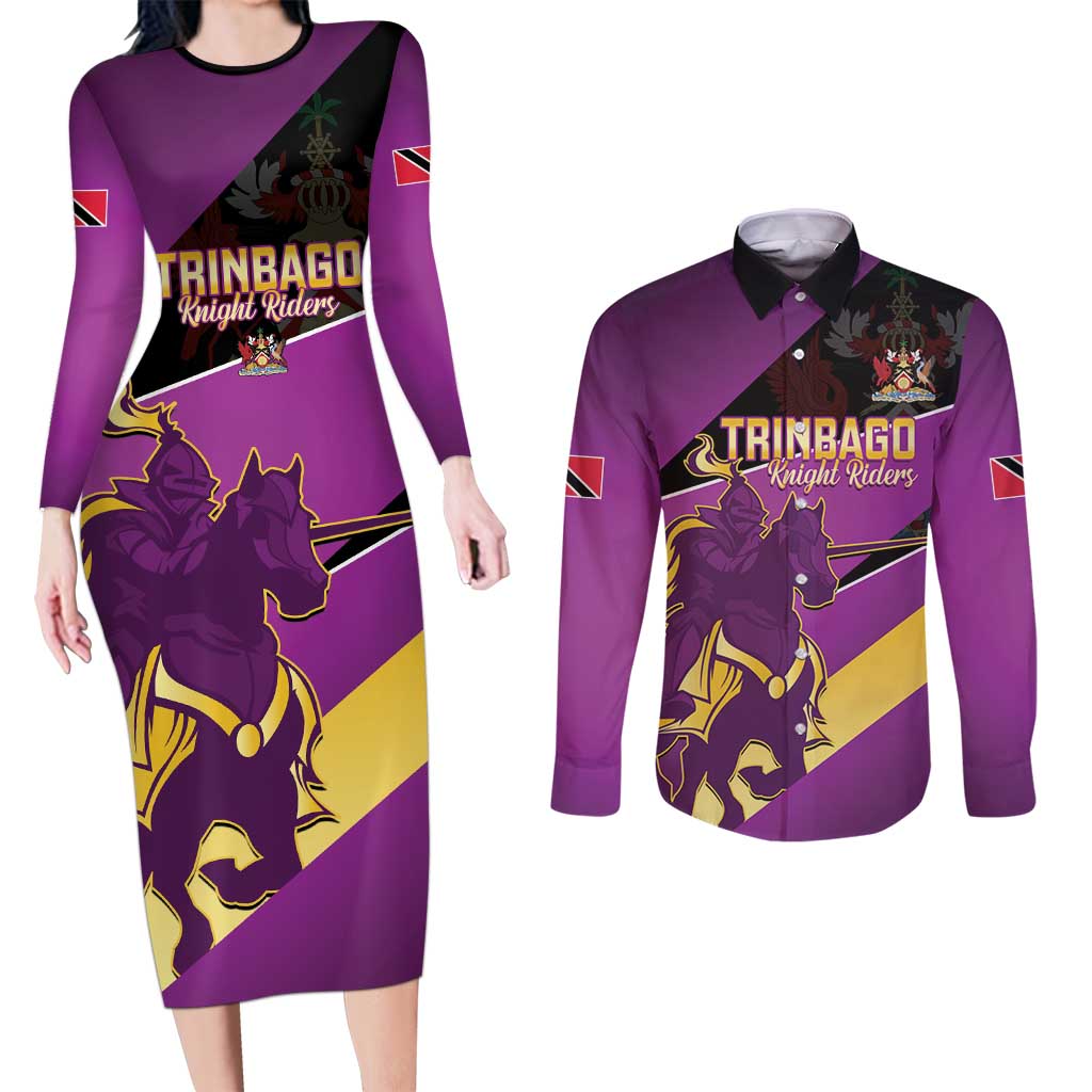 Custom Trinidad and Tobago Cricket Couples Matching Long Sleeve Bodycon Dress and Long Sleeve Button Shirt Come On Knight Riders Purple Version