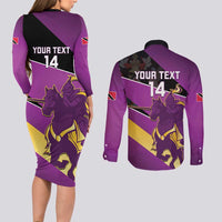 Custom Trinidad and Tobago Cricket Couples Matching Long Sleeve Bodycon Dress and Long Sleeve Button Shirt Come On Knight Riders Purple Version