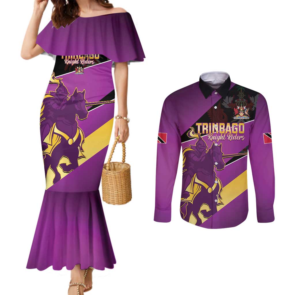 Custom Trinidad and Tobago Cricket Couples Matching Mermaid Dress and Long Sleeve Button Shirt Come On Knight Riders Purple Version