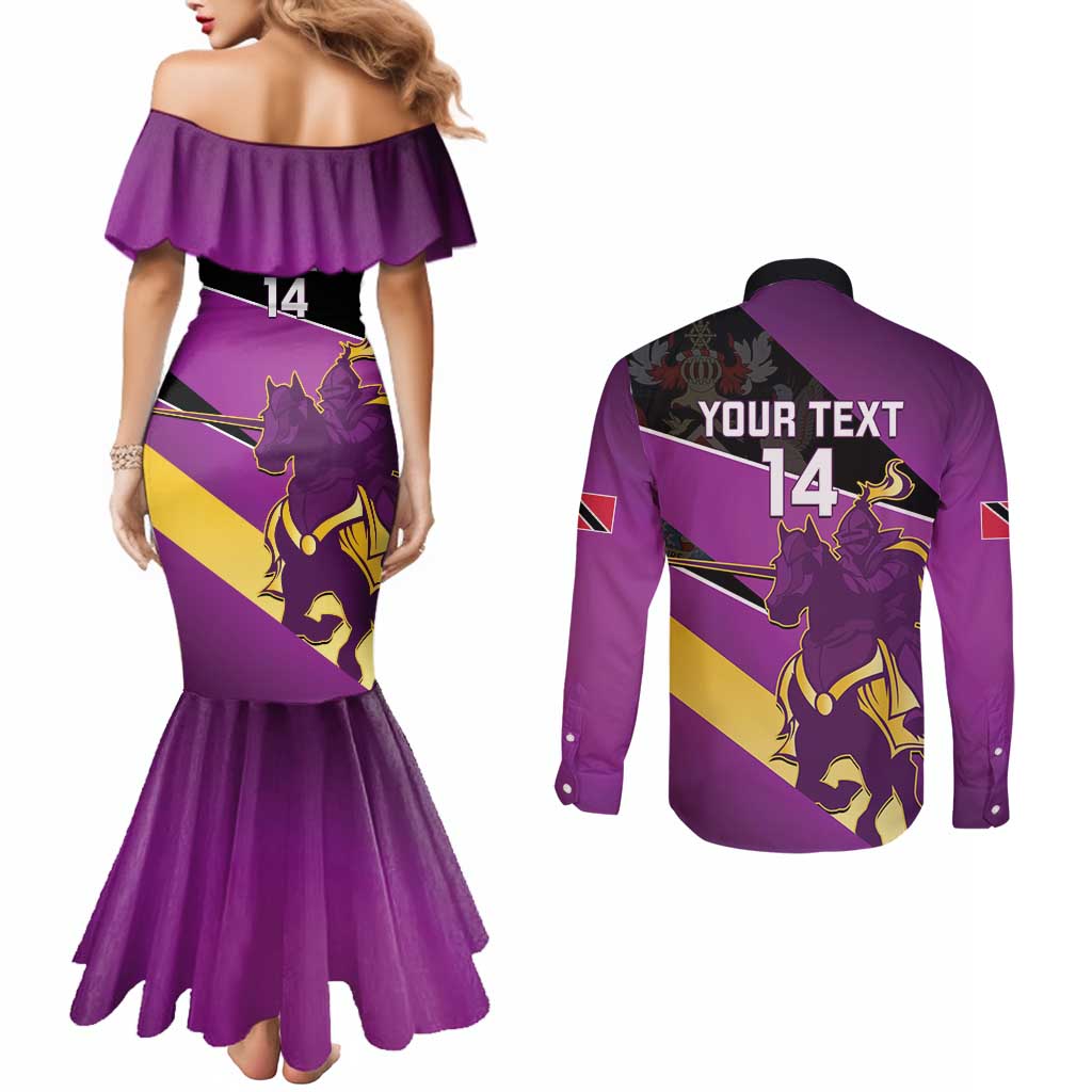 Custom Trinidad and Tobago Cricket Couples Matching Mermaid Dress and Long Sleeve Button Shirt Come On Knight Riders Purple Version